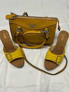 GUESS Mustard Yellow Satchel Bag & LSW Buckle Slide Sandals 2-Piece Set